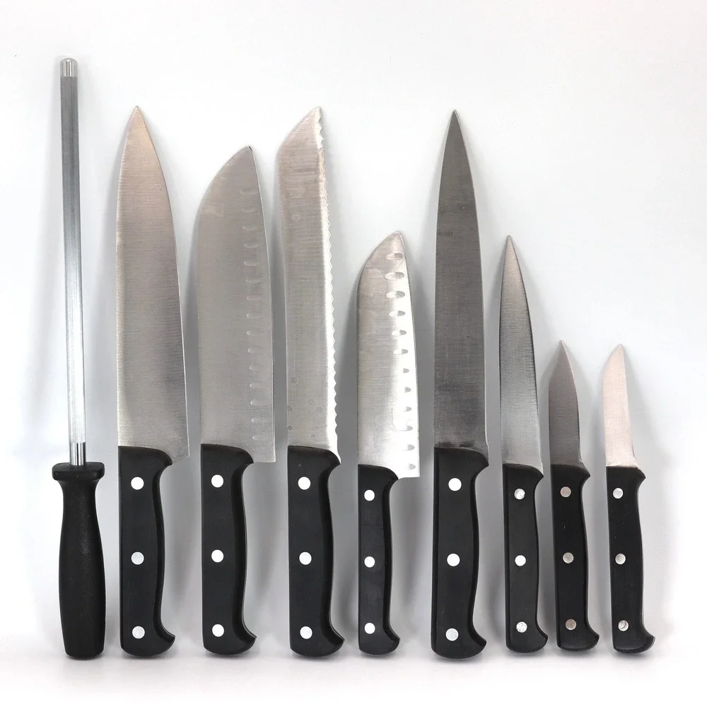 J.A. Henckels 9-Piece Knife Block Set Stainless Steel Black Triple Rivet Used